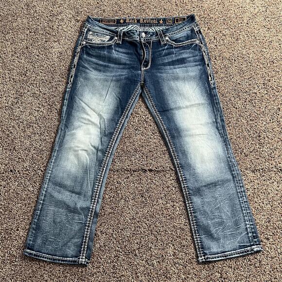 Rock Revival Betty Capri Jeans Womens 34 Blue Denim Contrast Stitch Embroidered - Picture 2 of 9